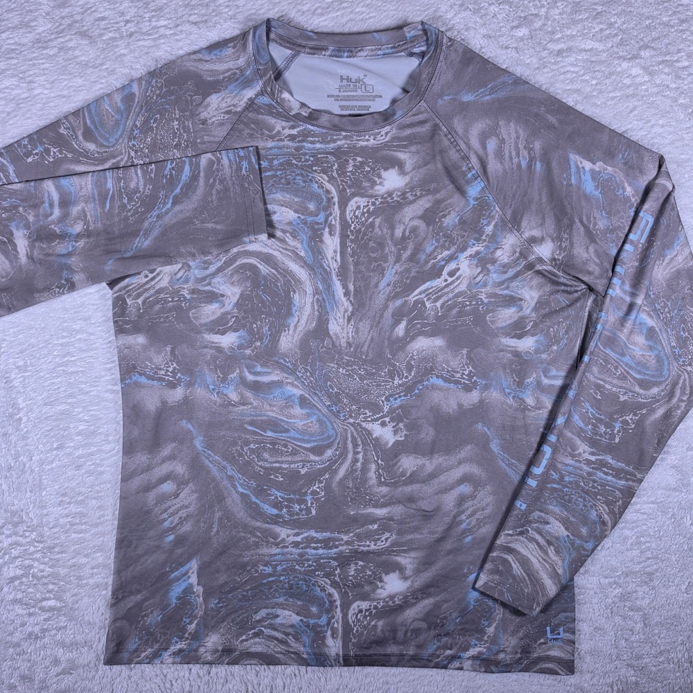 Huk Performance Mens L Grey Stretch L/S Marble Swirl Fishing Shirt